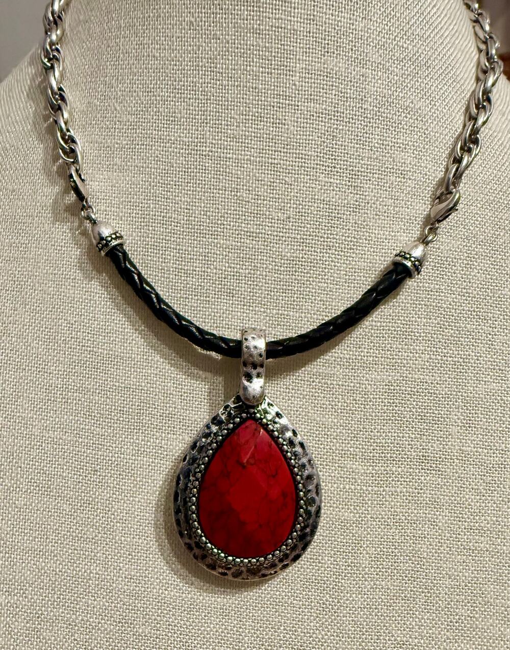 Vintage Silver Tone Faux Stone Pendant Necklace Black Braided Cord 19”